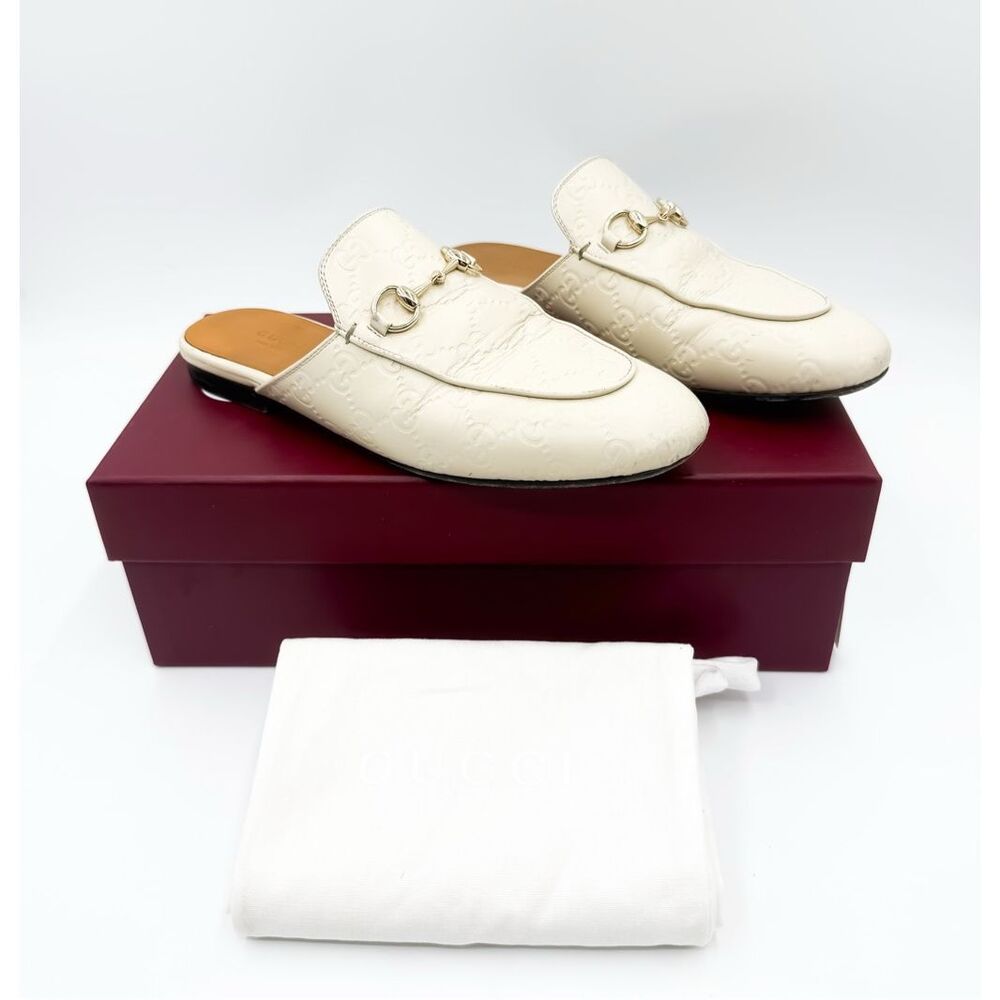 Gucci Princetown Horsebit Mule Loafers  White GG Embossed Leather EU 37.5 US 7.5